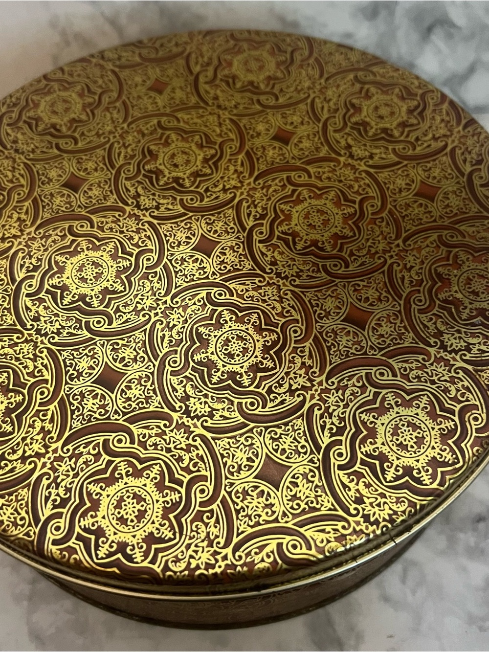 Round Decorative Metal Tin in Gold and Brown